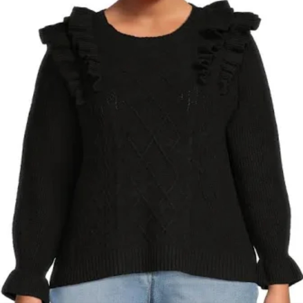 Terra & Sky Women Ruffle Sweater Midweight Plus Size 4X Black Toot